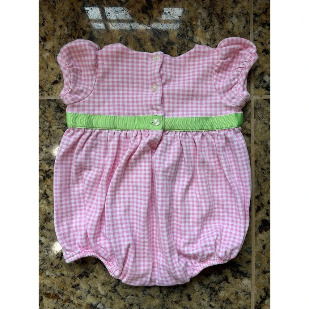 Ralph Lauren Pink White Gingham Check Preppy Bow Bodysuit Romper Baby Girl 3M